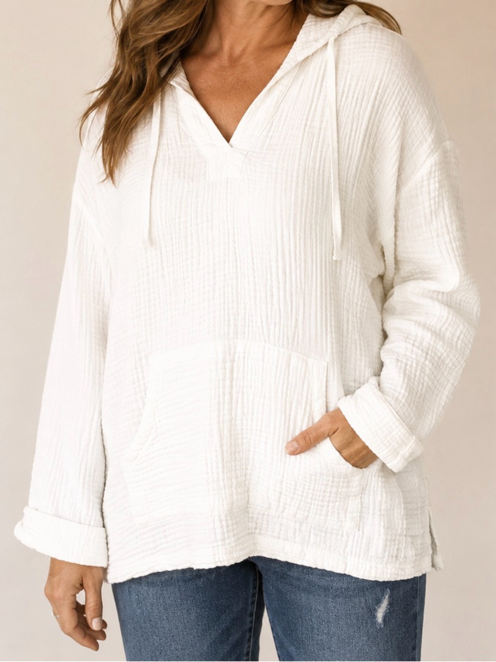 Natural Reflections | Women's White Hooded Gauze Pullover | Size L | Like New